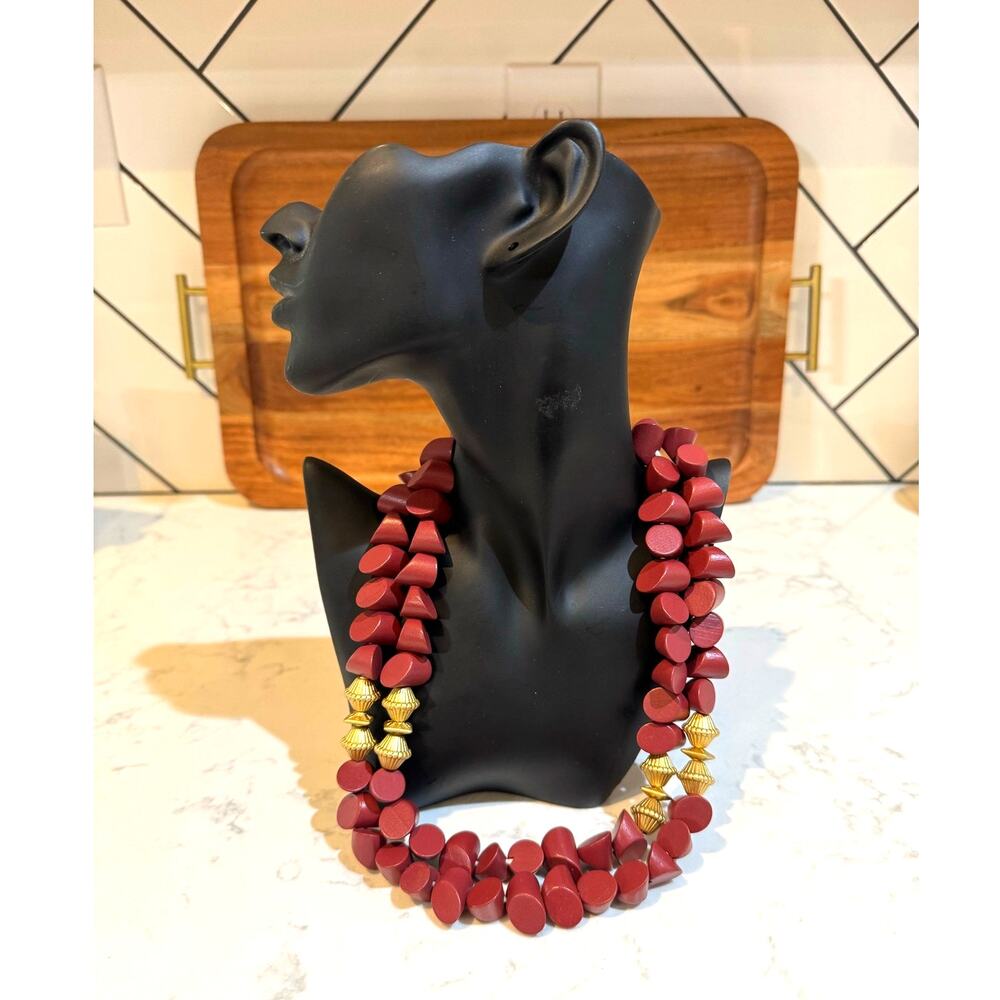 Plunder Design burgundy wood gold beaded necklace double-strand angle wood beads